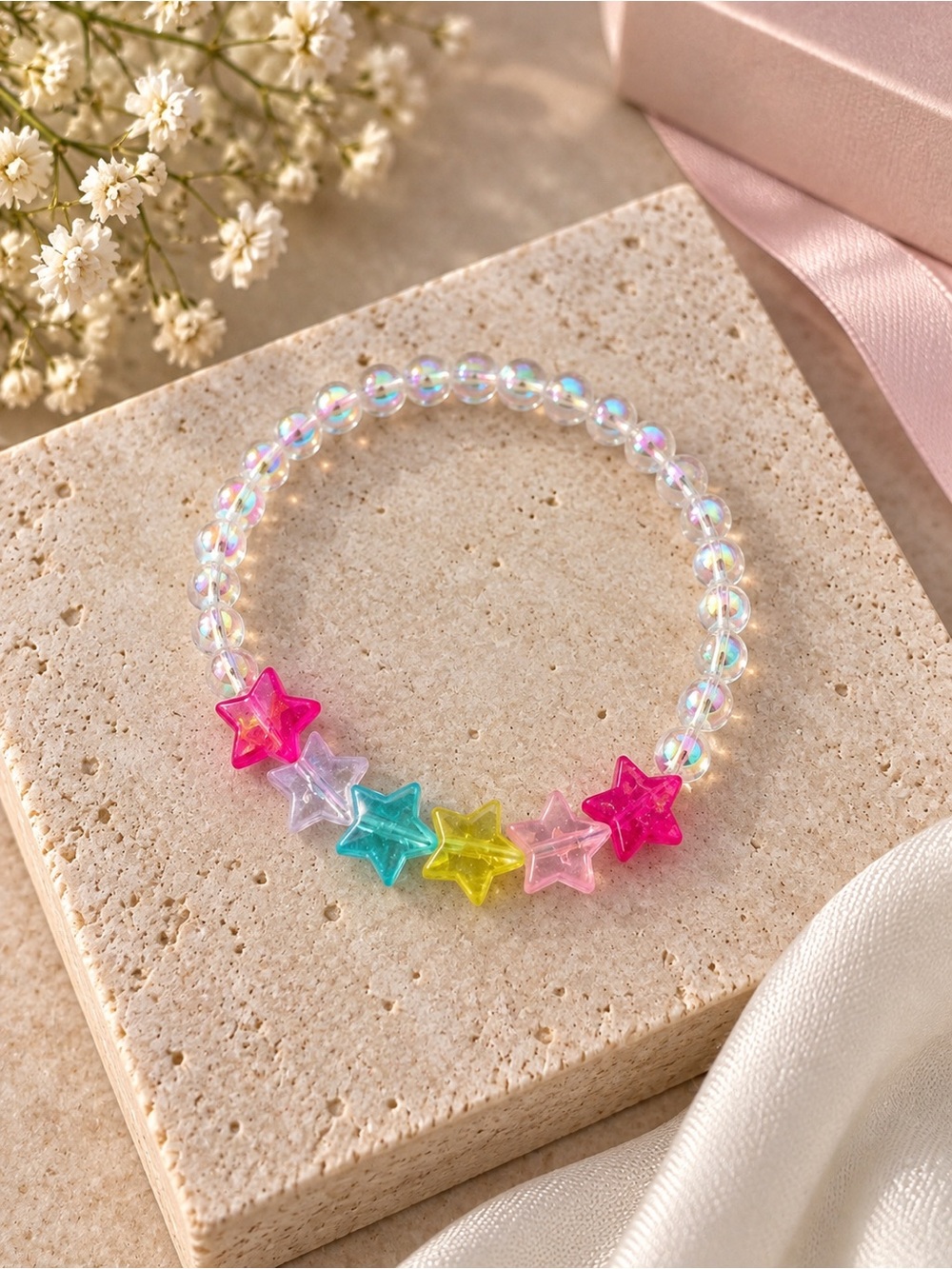 Kids Iridescent Beaded Star Bracelet in Pink, Purple, Blue, Yellow
